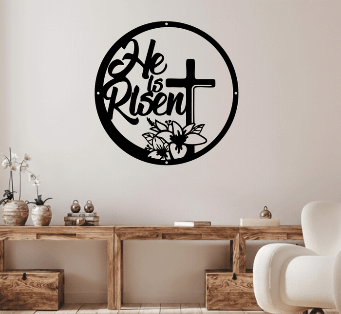He Is Risen Floral Cross Metal Wall Art