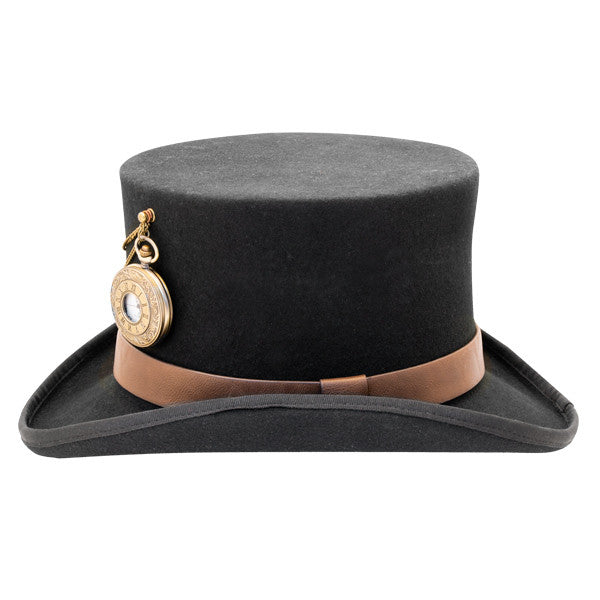 Kenny K - "The Time Traveler" Steam Punk Wool Felt Top Hat - Stopwatch Side