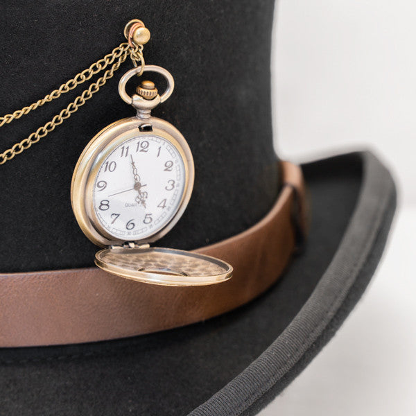 Kenny K - "The Time Traveler" Steam Punk Wool Felt Top Hat - Close-up, Stopwatch