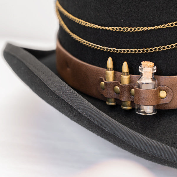 Kenny K - "The Time Traveler" Steam Punk Wool Felt Top Hat - Close-up, Vial