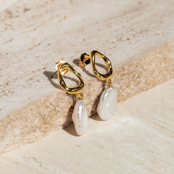 Organic gold vermeil drop earrings with keshi pearl drop