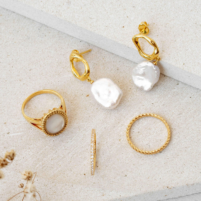 Keshi pearl drop earrings in gold vermeil and gold rings