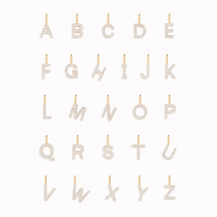 Diamond Initial Pendant 14k Gold - M displayed with matching diamond-studded letter pendants on a white background