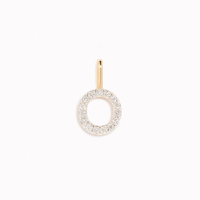 Diamond Initial Pendant 14k Gold - O with sparkling diamonds on 14k gold bail displayed on a white background