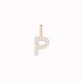 Diamond Initial Pendant 14k Gold - P with brilliant diamonds on a polished gold loop shown on white background