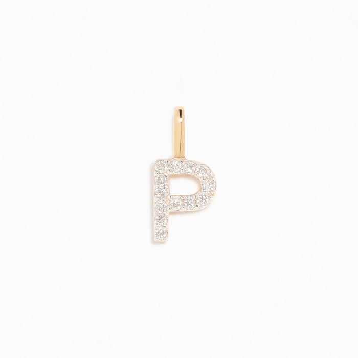 Diamond Initial Pendant 14k Gold - P with brilliant diamonds on a polished gold loop shown on white background