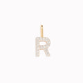 Diamond Initial Pendant 14k Gold - R with brilliant diamonds on a white background displayed vertically
