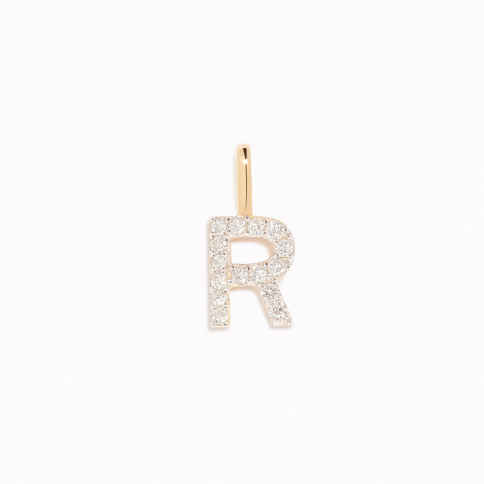 Diamond Initial Pendant 14k Gold - R with brilliant diamonds on a white background displayed vertically