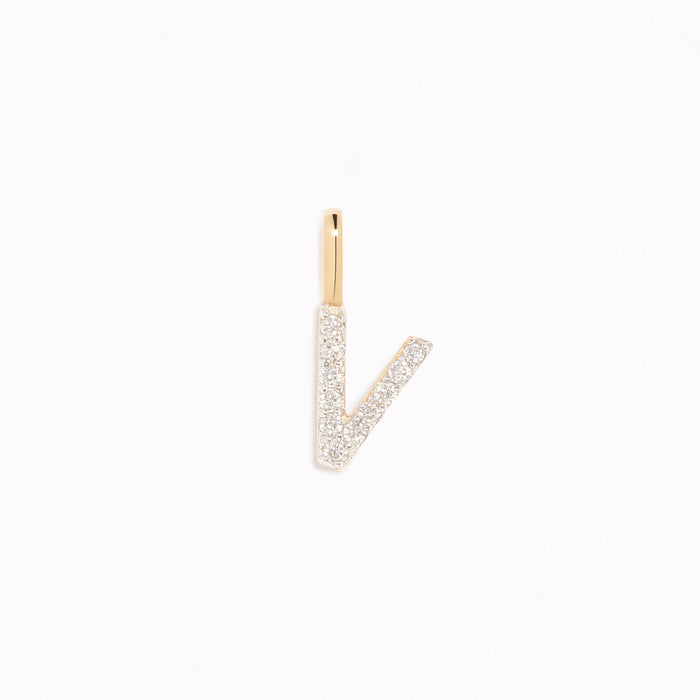 Diamond Initial Pendant 14k Gold - V featuring brilliant diamonds on a gold charm displayed on a white background
