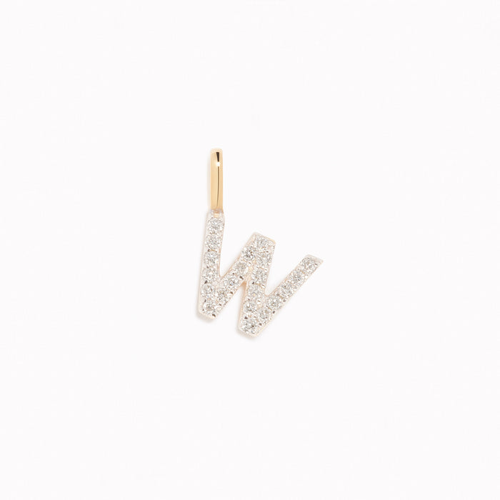 Diamond Initial Pendant 14k Gold - W with brilliant diamonds on a white background in a minimalist style