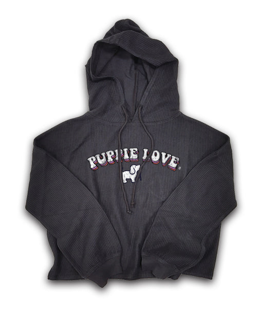 LADIES CORDUROY CROPPED HOODIE, CHARCOAL SUPER SALE PUPPIE LOVE