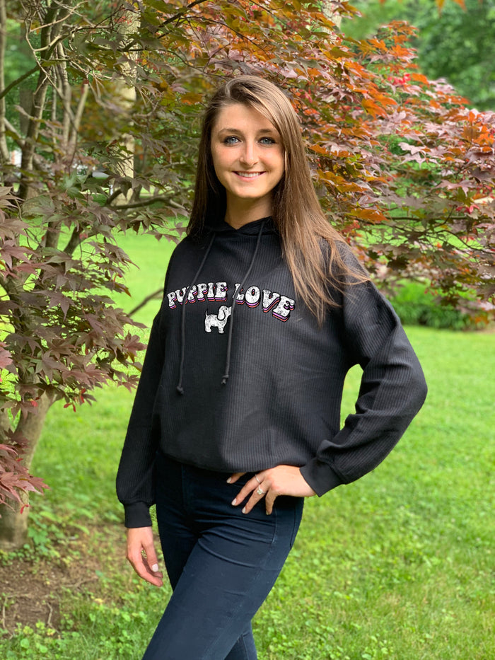 LADIES CORDUROY CROPPED HOODIE, CHARCOAL SUPER SALE PUPPIE LOVE
