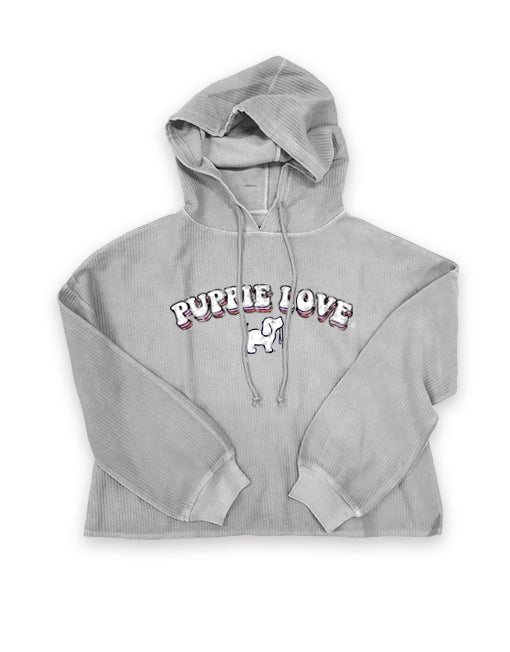 LADIES CORDUROY CROPPED HOODIE, PEARL GREY SUPER SALE PUPPIE LOVE