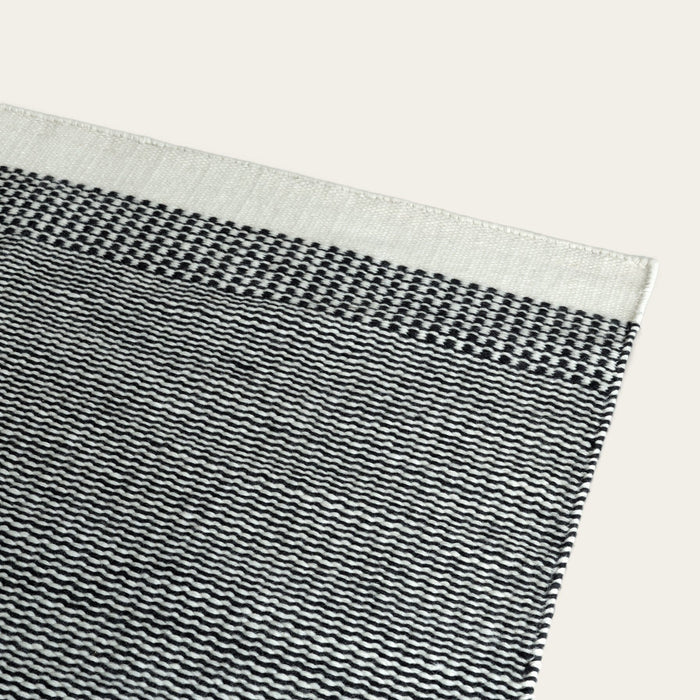 Close-up of a woven black and white patterned rug on a light gray background #ashblack
