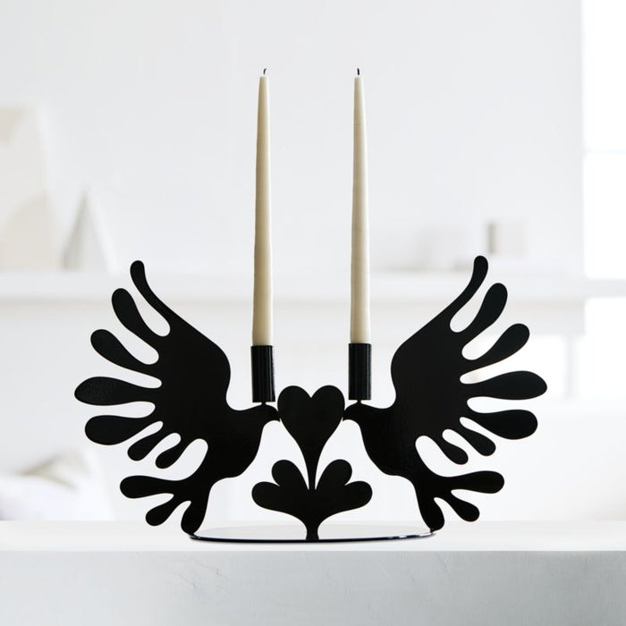 Lovebirds Black Metal Candelabra by Lucia Eames