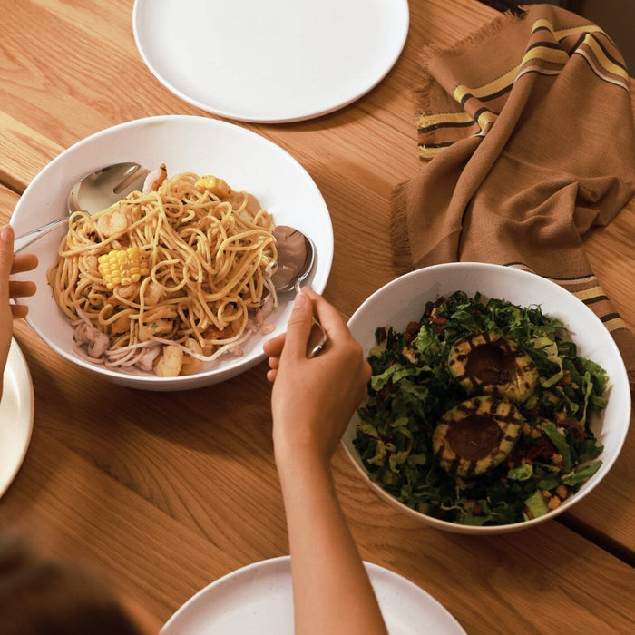 Low serving bowls serveware by Fable Home, shown in a deserttaupe finish. – #speckledwhite