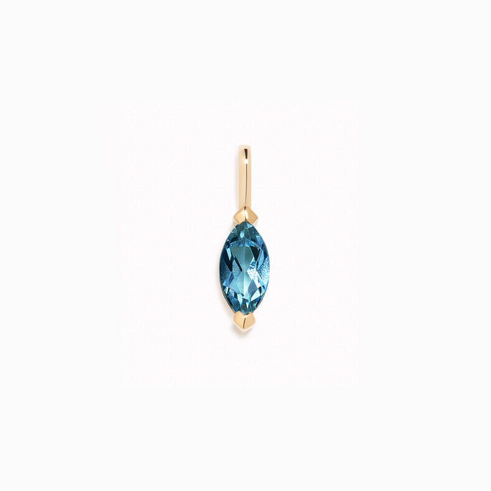 March Birthstone Pendant 14k Gold - Swiss Blue Topaz with marquise-cut gemstone on a white background