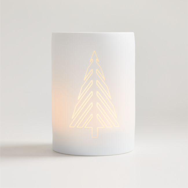 Medium White Christmas Tree Porcelain Hurricane Candle Holder 7"