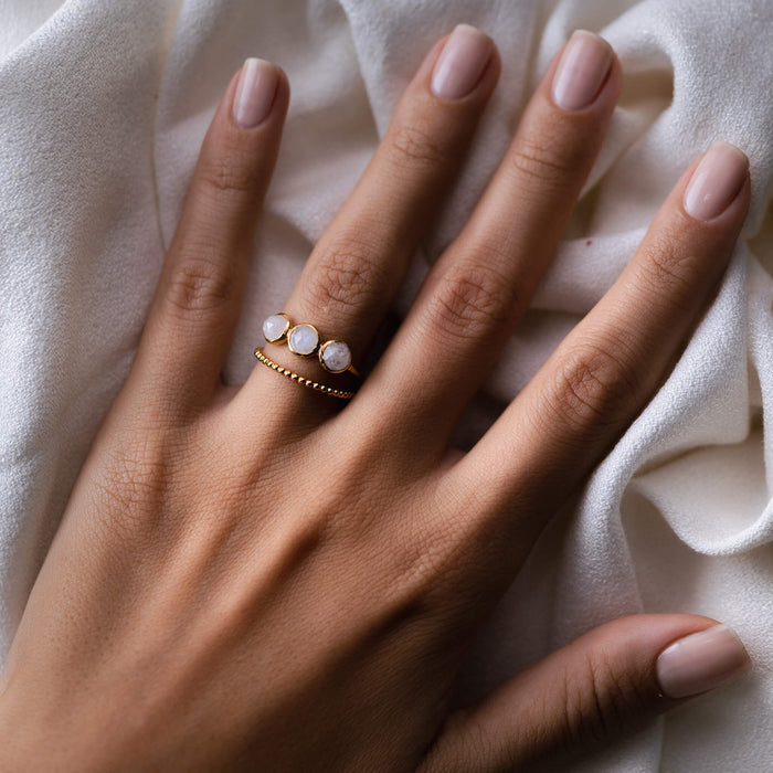 Gemstone ring with moonstones and beaded stacking ring in gold vermeil