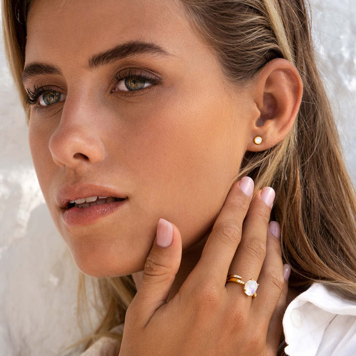 Rainbow moonstone earring studs and ring set on model