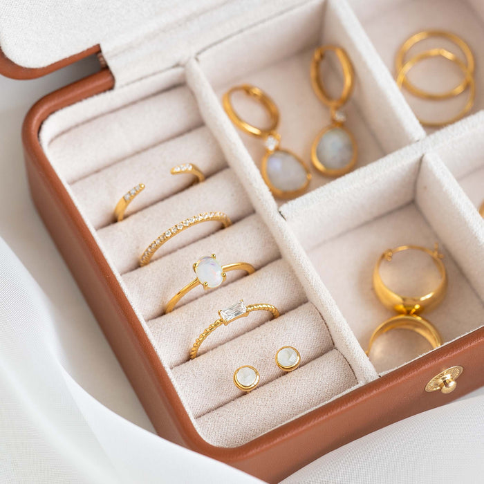 Moonstone and white topaz gold vermeil rings and earrings in jewelry case