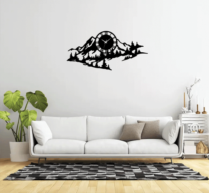 Mountain Range View - Metal Wall Art with Clock
