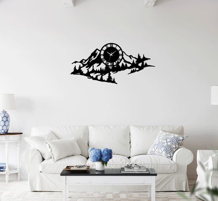 Mountain Range View - Metal Wall Art with Clock