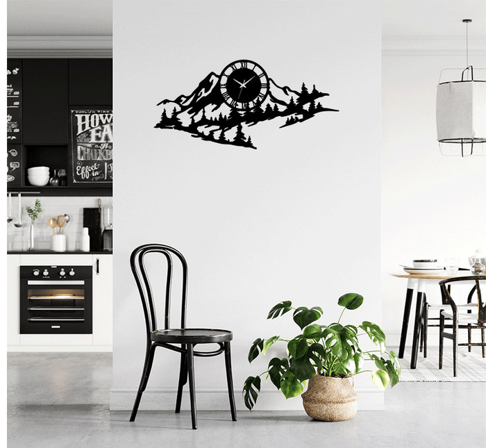 Mountain Range View - Metal Wall Art with Clock