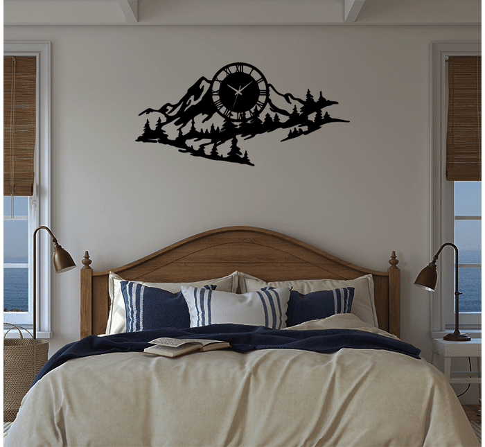 Mountain Range View - Metal Wall Art with Clock