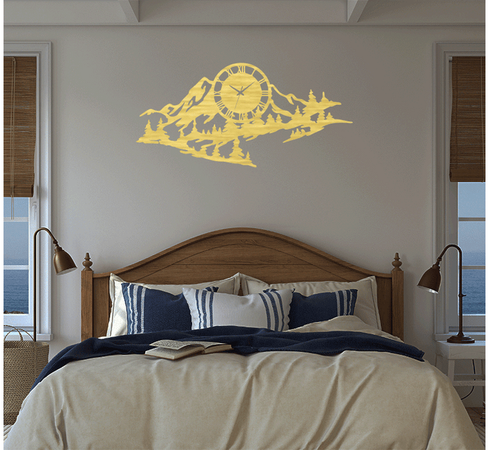 Mountain Range View - Metal Wall Art with Clock