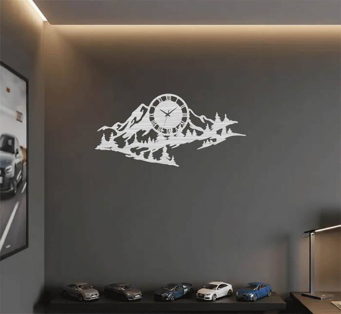 Mountain Range View - Metal Wall Art with Clock