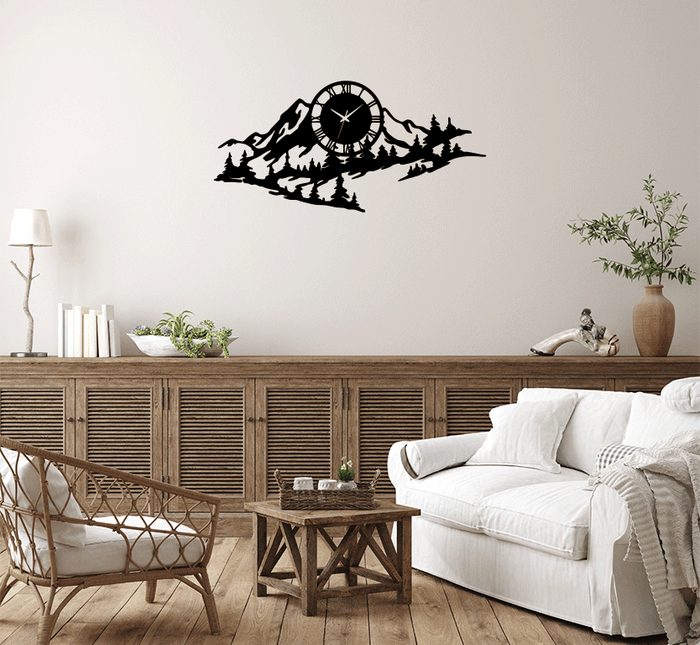 Mountain Range View - Metal Wall Art with Clock