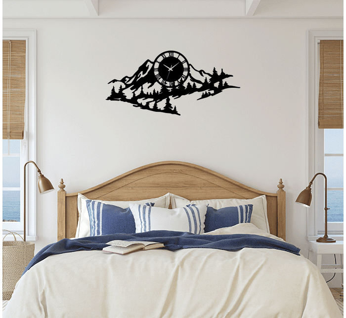 Mountain Range View - Metal Wall Art with Clock