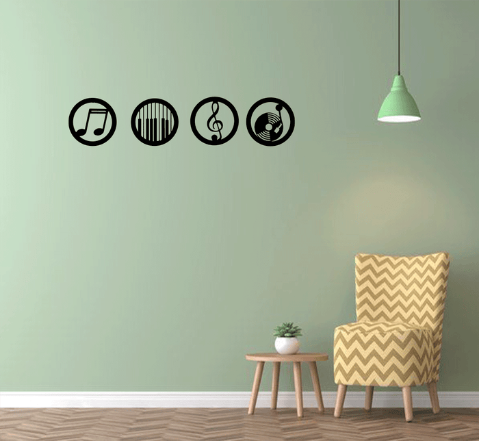 Music Emblems Set of Four Metal Wall Art – Musical Instruments Home & Studio Decor