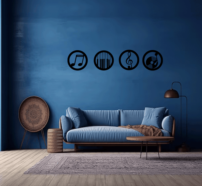 Music Emblems Set of Four Metal Wall Art – Musical Instruments Home & Studio Decor