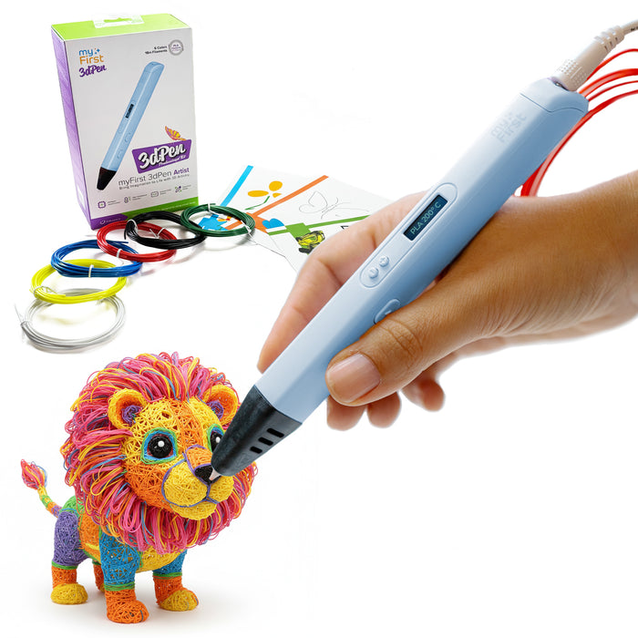 A hand holding a 3D pen creating a 3D lion with a box of filament replacements in the background