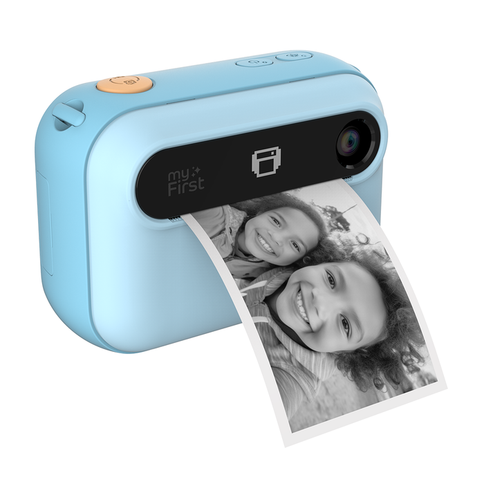 myFirst Insta 20 blue kids instant print camera printing a black-and-white photo of two smiling girls.