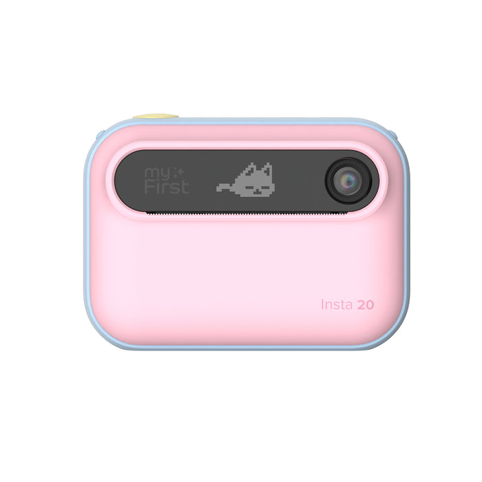 myFirst Insta 20 pink kids camera displaying a pixel cat icon and brand logo on the front panel.