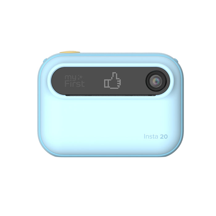 myFirst Insta 20 blue kids camera displaying a pixel thumbs-up icon on the front panel.