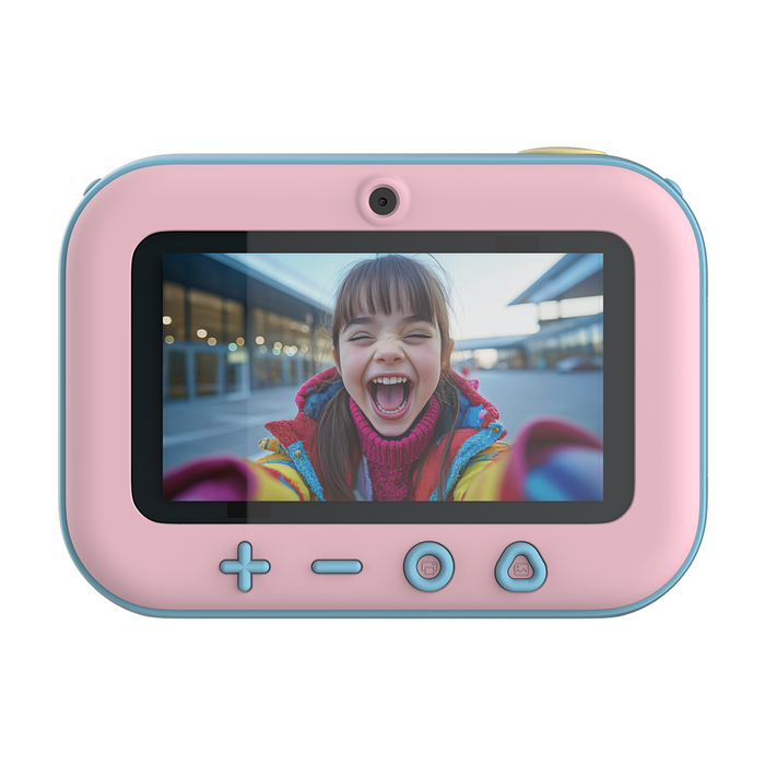 myFirst Insta 20 pink kids camera back view displaying a bright selfie of a happy girl on the main screen.