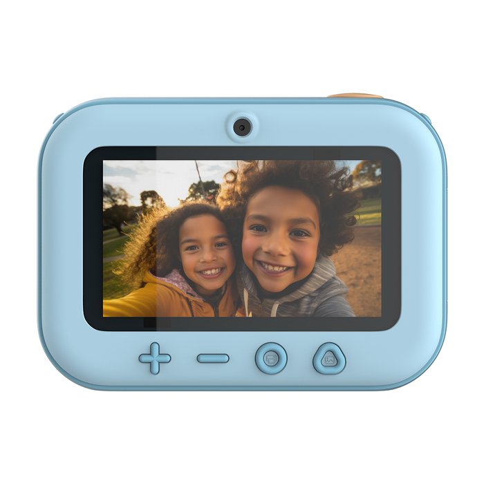 myFirst Insta 20 blue kids camera back view displaying a cheerful double selfie of two girls in an outdoor park setting.