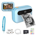 myFirst Insta 20 blue kids instant print camera showing front and back views, printing a photo, along with accessories including a lanyard, thermal paper rolls, charging cable, 4GB SD card, and stickers.