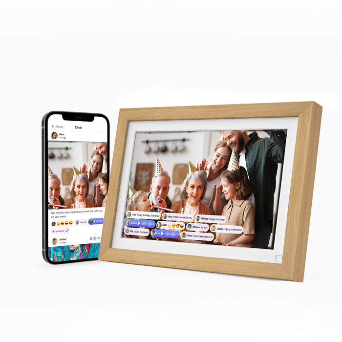 Digital photo frame displaying a family photo on a white background
