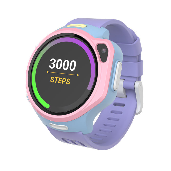 myFirst Fone R2 kids smartwatch in pink and blue showing a 3000-step activity tracker on the screen.