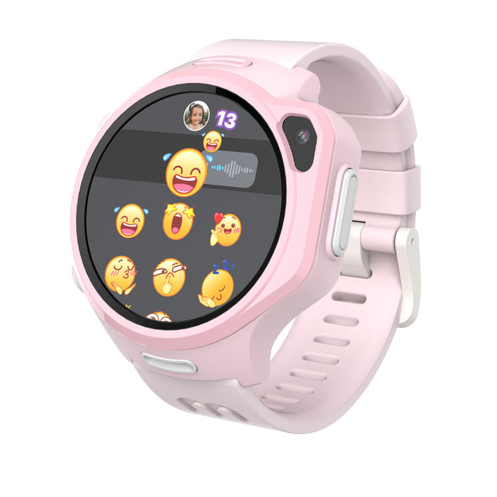 myFirst Fone R2 pink kids smartwatch displaying emoji selection and voice message interface with a contact avatar.