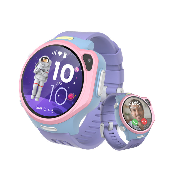 myFirst Fone R2 pink and blue kids smartwatch featuring a space-themed astronaut watch face and a video call screen displaying a call from Daddy.