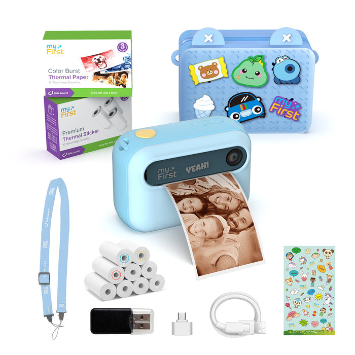 myFirst Insta 20 blue and blue kids instant print camera bundle with carrying bag, thermal paper rolls, lanyard, charging accessories, and sticker sheet.