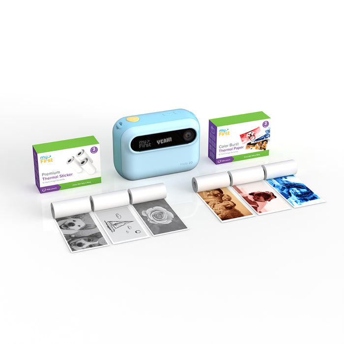myFirst Insta 20 blue instant print camera displayed with Premium Thermal Sticker and Color Burst Thermal Paper rolls, showing both black-and-white sticker prints and color photo samples.