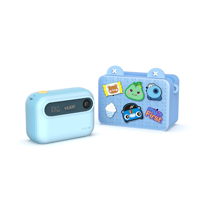 myFirst Insta 20 blue kids instant print camera displayed with its matching carrying bag decorated with colorful cartoon stickers.