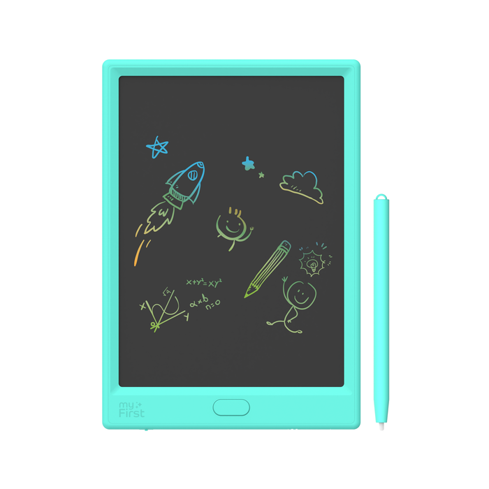 Turquoise electronic drawing tablet with stylus on a white background